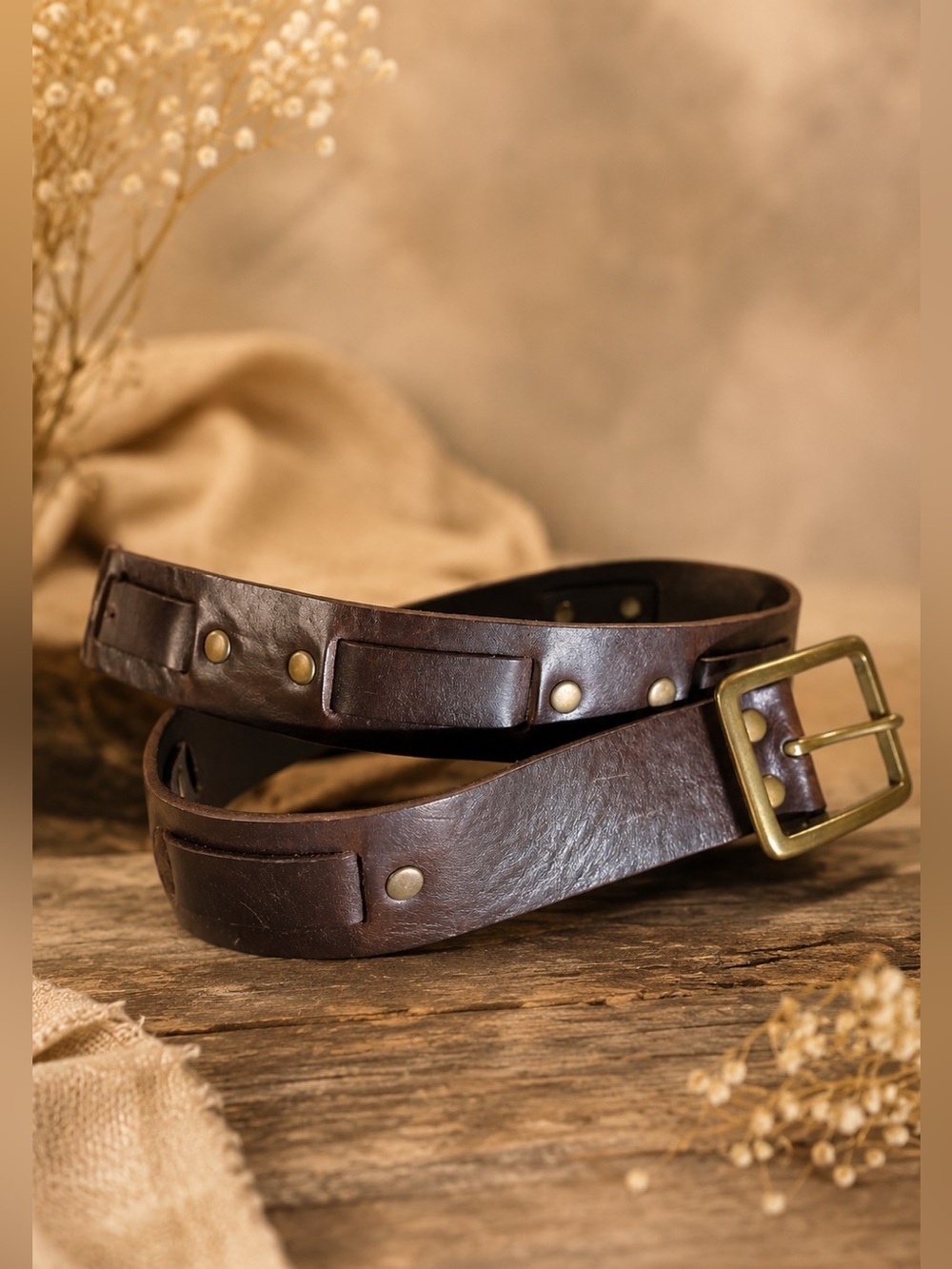 Vintage Brown Leather Belt Brass Buckle Rivet Detail Distressed 36-38